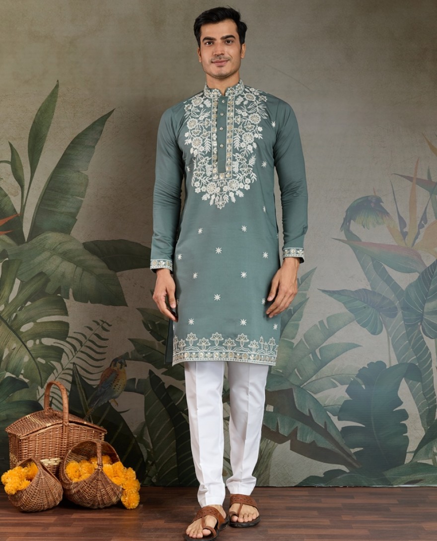 61323-green - Pista Green Thread & Sequence Hand Embroidered Men’s Kurta Set